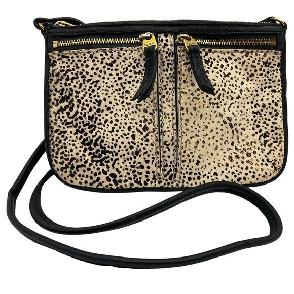 Fossil Crossbody Bag Elise Black Cowhide Animal Print Boho Western - Picture 1 of 15